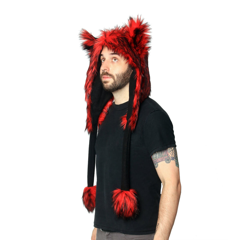 red Wild Wolf Fur Puffet Hood - Pawstar Pawstar Hoods canine, cosplay, costume, furry, hat, wolf