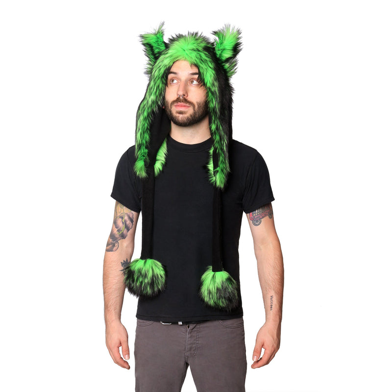 green Wild Wolf Fur Puffet Hood - Pawstar Pawstar Hoods canine, cosplay, costume, furry, hat,  wolf