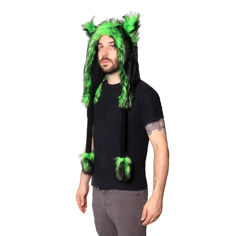 green Wild Wolf Fur Puffet Hood - Pawstar Pawstar Hoods canine, cosplay, costume, furry, hat, wolf