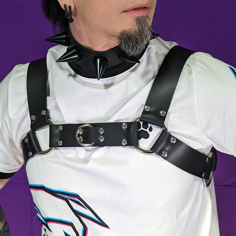 Bulldog Unisex Leather Harness DSFusion Dark Star Fusion Pawstar goth pastel kawaii lolita harajuku fashion cybergoth punk cyberpunk rave raver festival dog fashion for furry furries