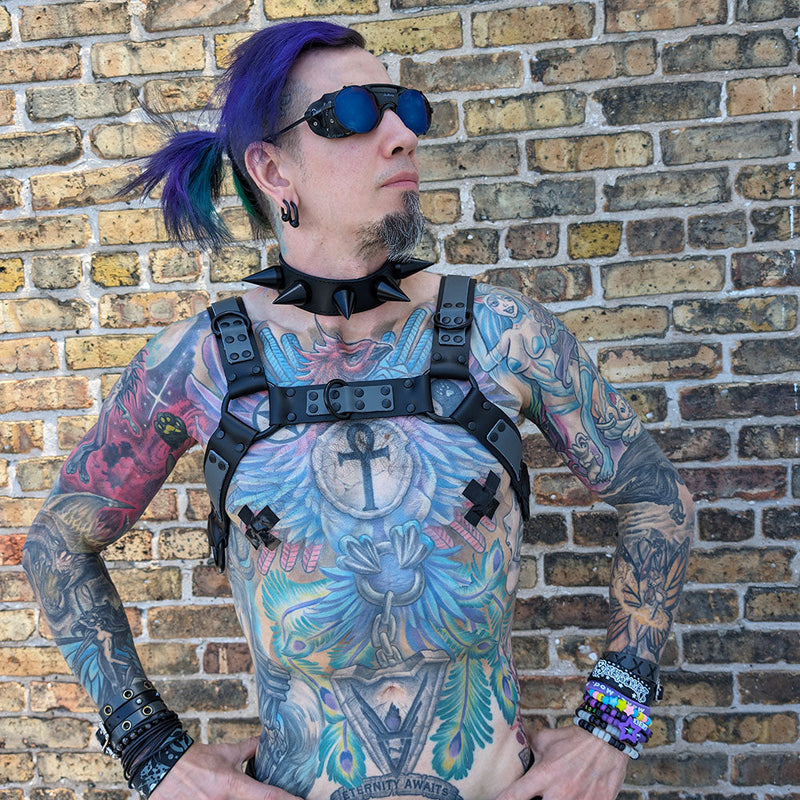 Bulldog Duo Tone Unisex torso leather Harness DSFusion Dark Star Fusion Pawstar goth pastel kawaii lolita harajuku fashion cybergoth punk cyberpunk rave raver festival dog fashion for furry furries