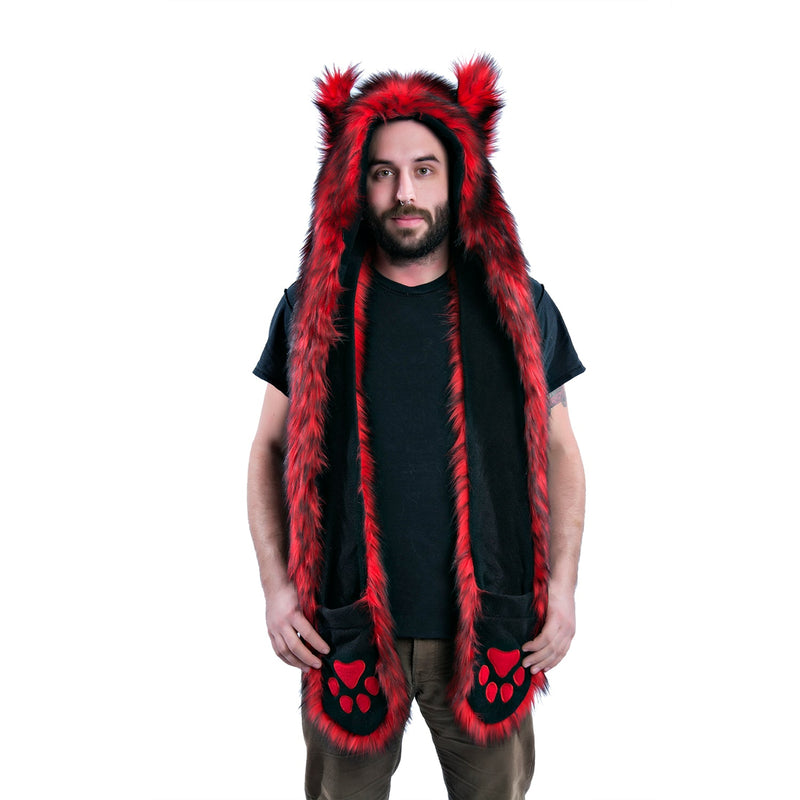 red Wild Wolf Fur Paws At You Hood - Pawstar Pawstar Hoods , canine, cosplay, costume, furry, hat, wolf