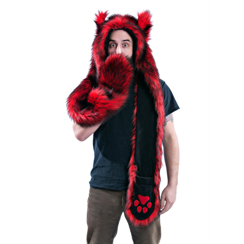 red Wild Wolf Fur Paws At You Hood - Pawstar Pawstar Hoods  canine, cosplay, costume, furry, hat, wolf