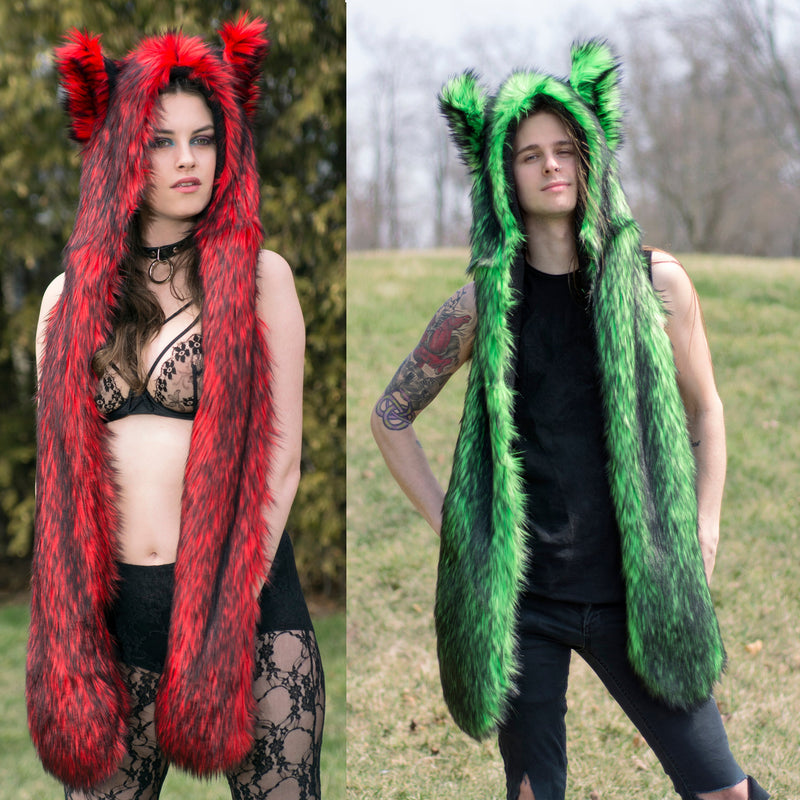 red and lime Wild Wolf Fur Paws At You Hood - faux fur vegan friendly furry cosplay frestival hat