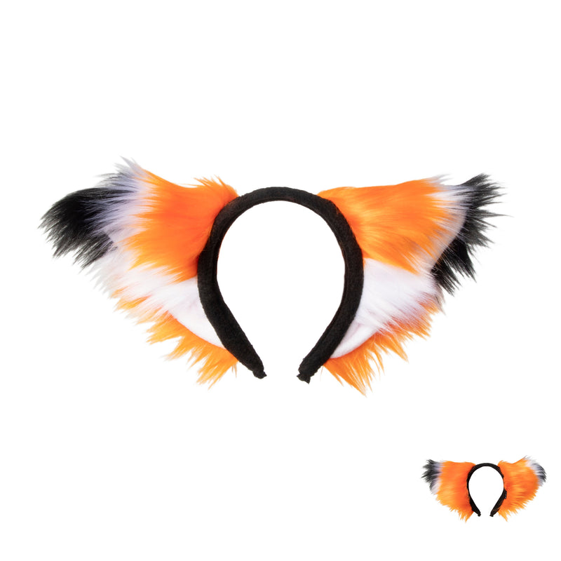 Pawstar furry orange fox plus ear headband with white and black accent. Made from vegan friendly faux fur and fleece.