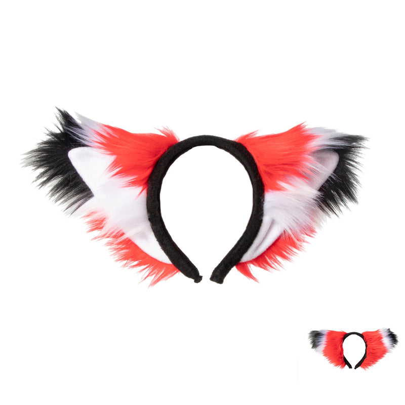 Pawstar furry red fox plus ear headband with white and black accent. Made from vegan friendly faux fur and fleece.