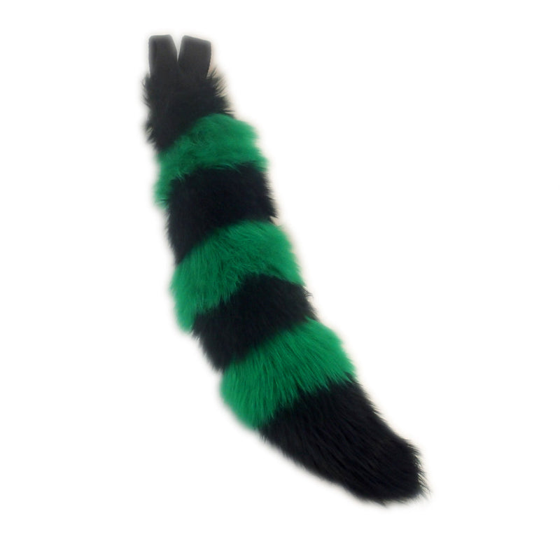 green Pawstar fluffy stripey mini fox tail. Great for halloween costume and furry cosplay.