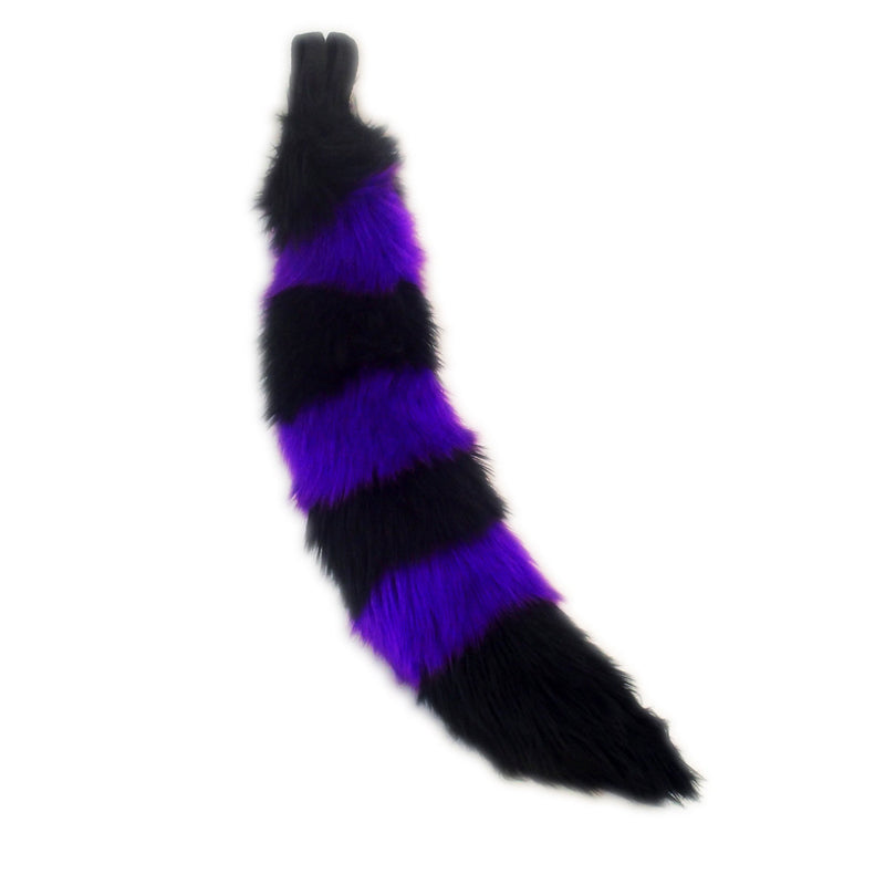 purple Pawstar fluffy stripey mini fox tail. Great for halloween costume and furry cosplay.