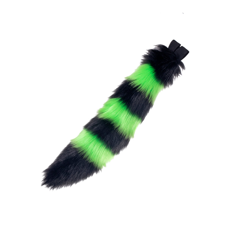 lime and black Pawstar fluffy stripey mini fox tail. Great for halloween costume and furry cosplay.