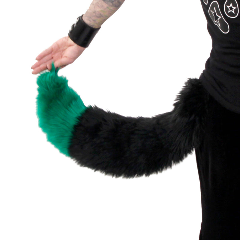 green Pawstar furry fluffy faux fur yip tip fox tail. For costumes, cosplay and furry.