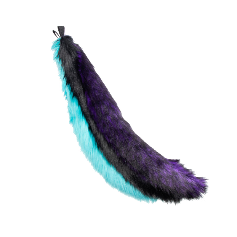 turquoise and purple Pawstar large fluffy faux fur wild wolf tail. Great for halloween costume and furry cosplay.