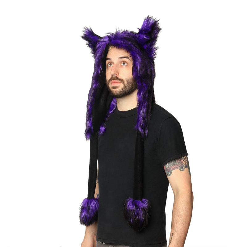 purple Wild Wolf Fur Puffet Hood. Furry cosplay festival hat made from faux fur. Made in the usa