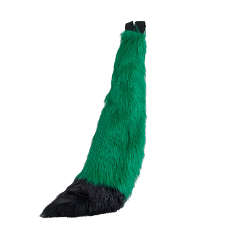 green and black Pawstar furry fox tail made from vegan friendly faux fur. Great for halloween, cosplay and partial fursuits.