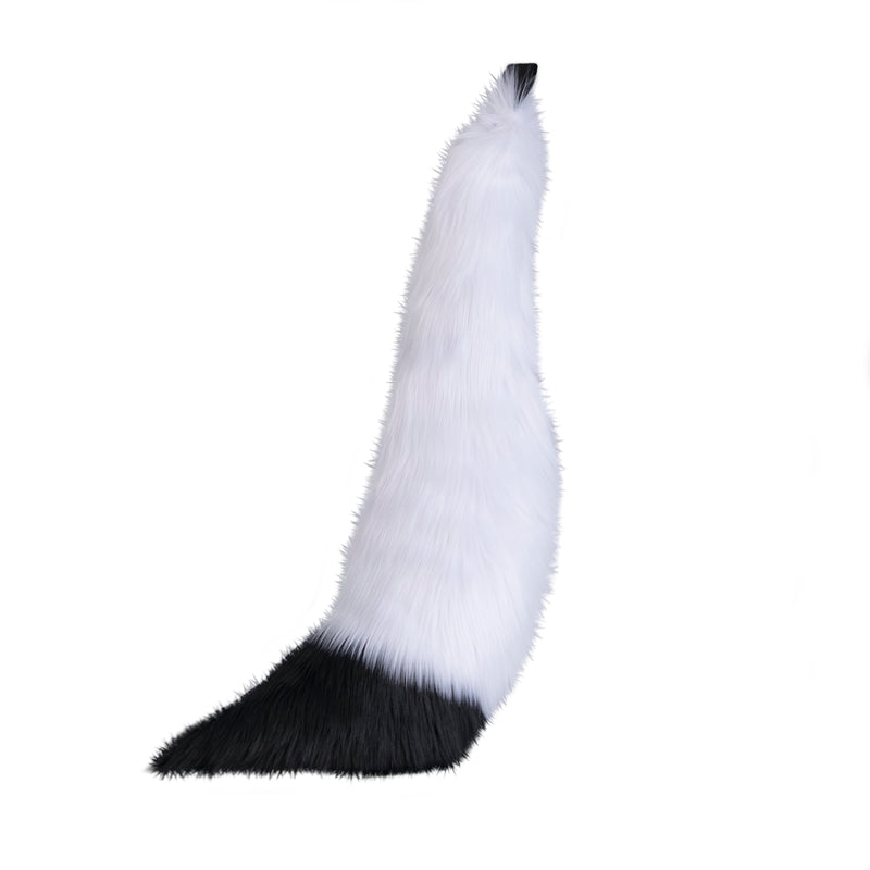 white and black Pawstar furry fox tail made from vegan friendly faux fur. Great for halloween, cosplay and partial fursuits.