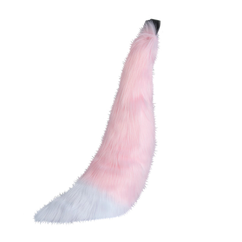 pastel pink and white Pawstar furry fox tail made from vegan friendly faux fur. Great for halloween, cosplay and partial fursuits.