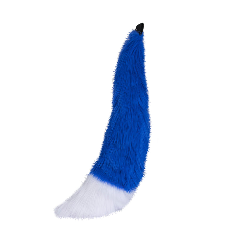 blue and white Pawstar furry fox tail made from vegan friendly faux fur. Great for halloween, cosplay and partial fursuits.