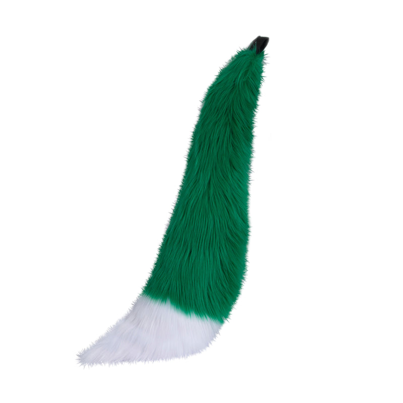 green and white Pawstar furry fox tail made from vegan friendly faux fur. Great for halloween, cosplay and partial fursuits.