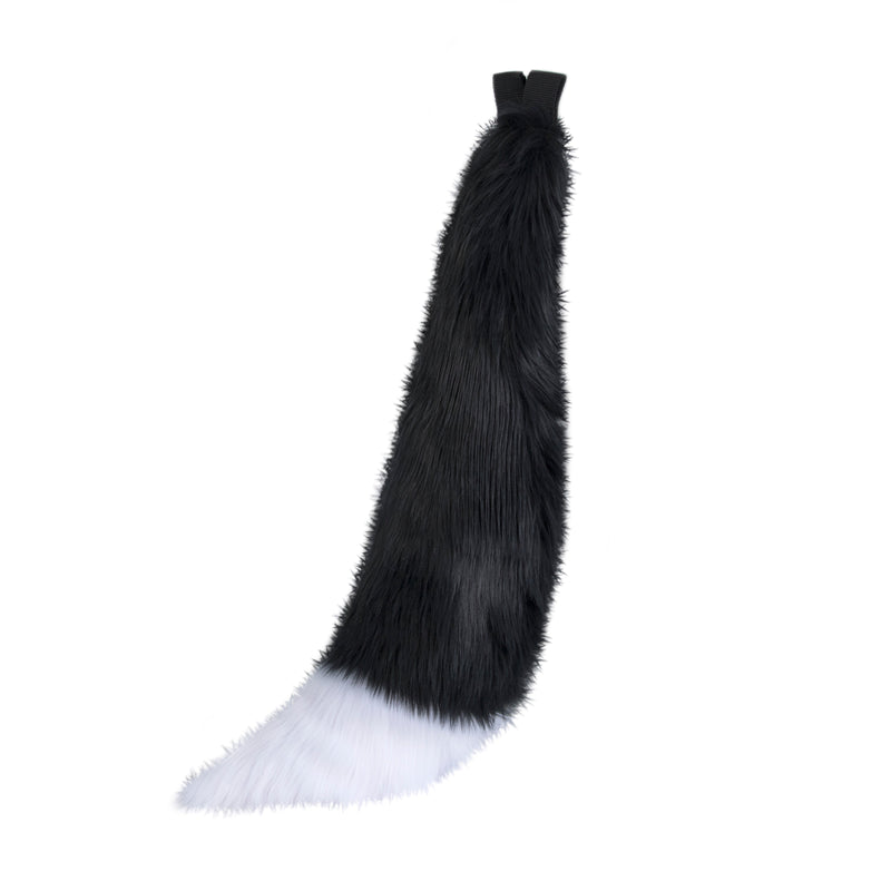 black and white Pawstar furry fox tail made from vegan friendly faux fur. Great for halloween, cosplay and partial fursuits.