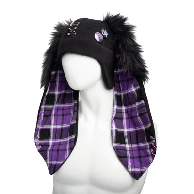 purple Pawstar mega bunny pin punx hat - goth punk hottopic scene kid beanie cap hat