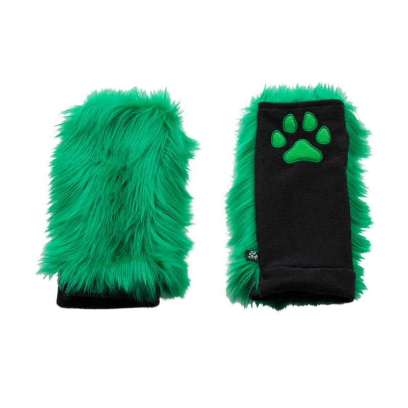green Pawstar PawWarmer furry faux fur paws. great for cosplay or partial fursuit.
