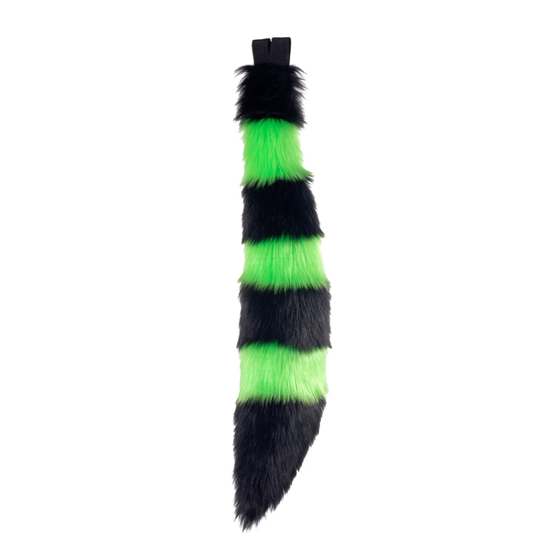 lime green Pawstar stripey fluffy fox tail. Great for halloween costume and furry cosplay.