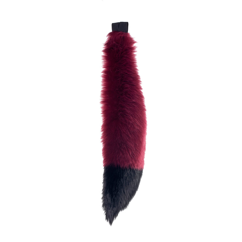 merlot and black Pawstar furry fox tail made from vegan friendly faux fur. Great for halloween, cosplay and partial fursuits.
