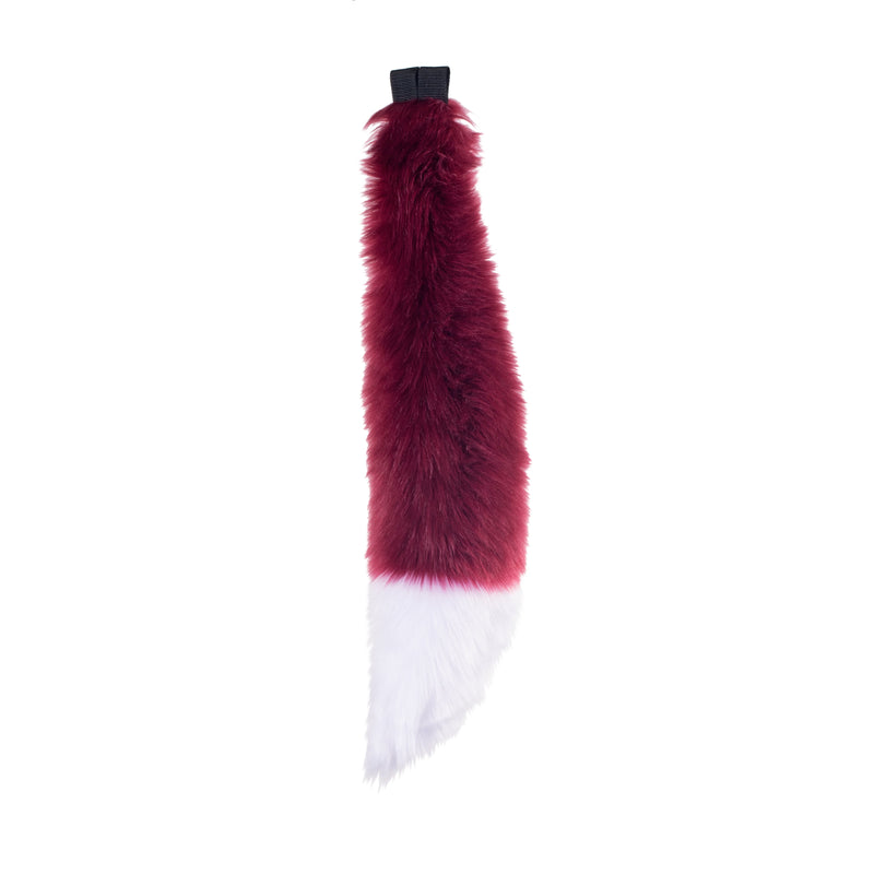 merlot and white Pawstar furry fox tail made from vegan friendly faux fur. Great for halloween, cosplay and partial fursuits.