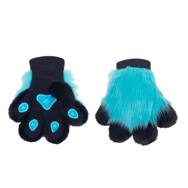 turquoise teal Pawstar furry fluffy fursuit partial hand paw gloves. Made from faux fur. Perfect for furries, cosplayers, and halloween.