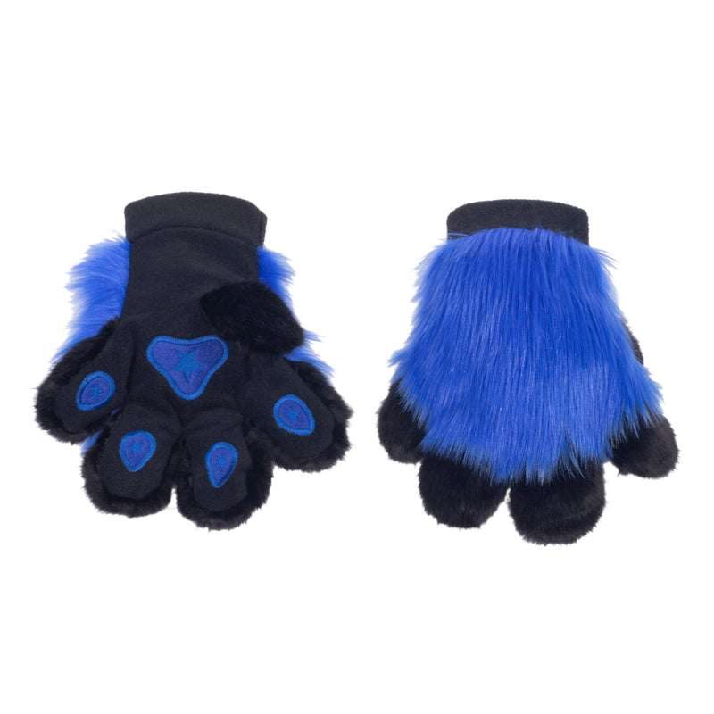 blue Pawstar furry fluffy fursuit partial hand paw gloves. Made from faux fur. Perfect for furries, cosplayers, and halloween.