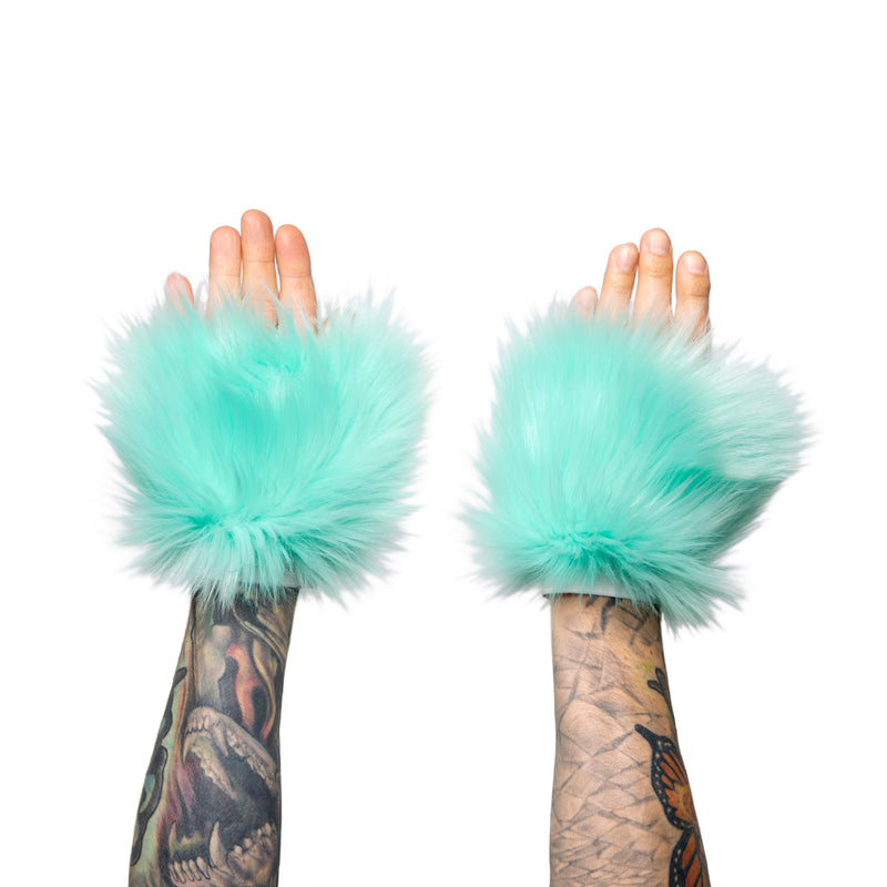 mint kawaii Monster Fur Fluffy Cuffs by Pawstar! Furry wrist cuffs made from faux fur for raves, cosplays, halloween, music festivals, and more.