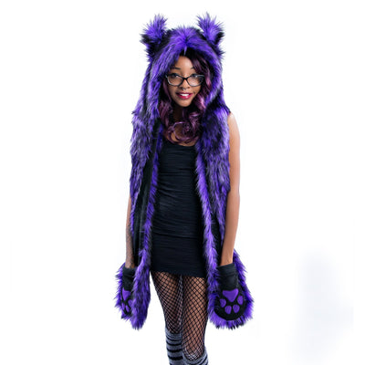 Purple Wild Wolf Fur Paws At You Hood - faux fur vegan friendly furry cosplay frestival hat
