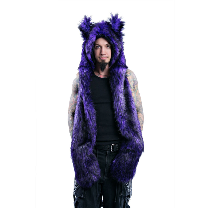 purple Wild Wolf Fur Paws At You Hood - faux fur vegan friendly furry cosplay frestival hat