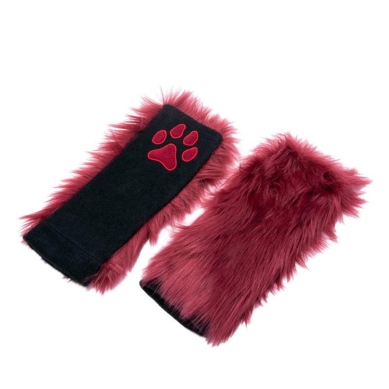 merlot maroon Pawstar PawWarmer furry faux fur paws. great for cosplay or partial fursuit.
