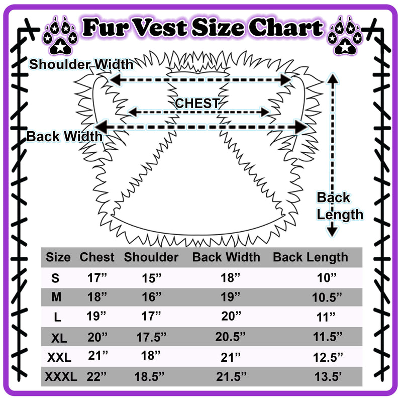 size chart for Pawstar faux fur fashion vest. For halloween costume and furry cosplay.