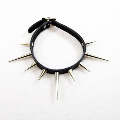 Long Spike goth Collar in black leather with chrome spikes
